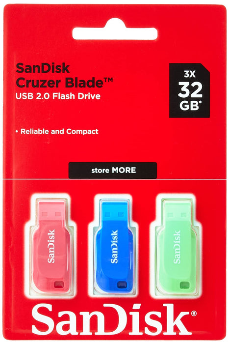 SanDisk 32GB Cruzer Blade USB Flash Drive , Blue/Pink/Green, 3count(Pack of 1