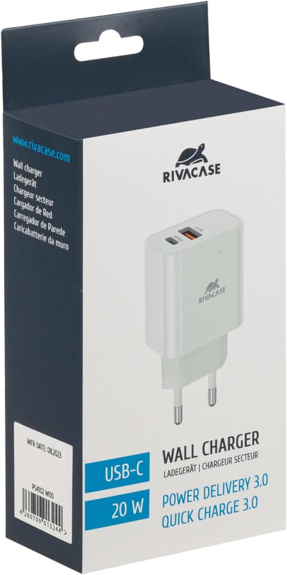 RIVACASE PS4102 - Caricatore rapido - 42 x 28 x 80 mm - Power Delivery 20 W - USB-A + USB-C Wall Charger (EU Plug) - Alimentatore USB PD 20 W + QC 3.0 - Design compatto, bianco
