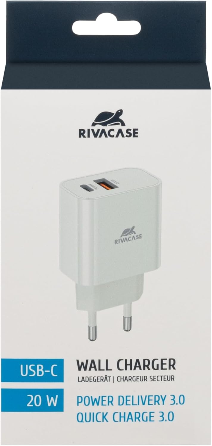 RIVACASE PS4102 - Caricatore rapido - 42 x 28 x 80 mm - Power Delivery 20 W - USB-A + USB-C Wall Charger (EU Plug) - Alimentatore USB PD 20 W + QC 3.0 - Design compatto, bianco