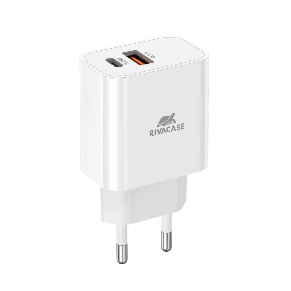 RIVACASE PS4102 - Caricatore rapido - 42 x 28 x 80 mm - Power Delivery 20 W - USB-A + USB-C Wall Charger (EU Plug) - Alimentatore USB PD 20 W + QC 3.0 - Design compatto, bianco