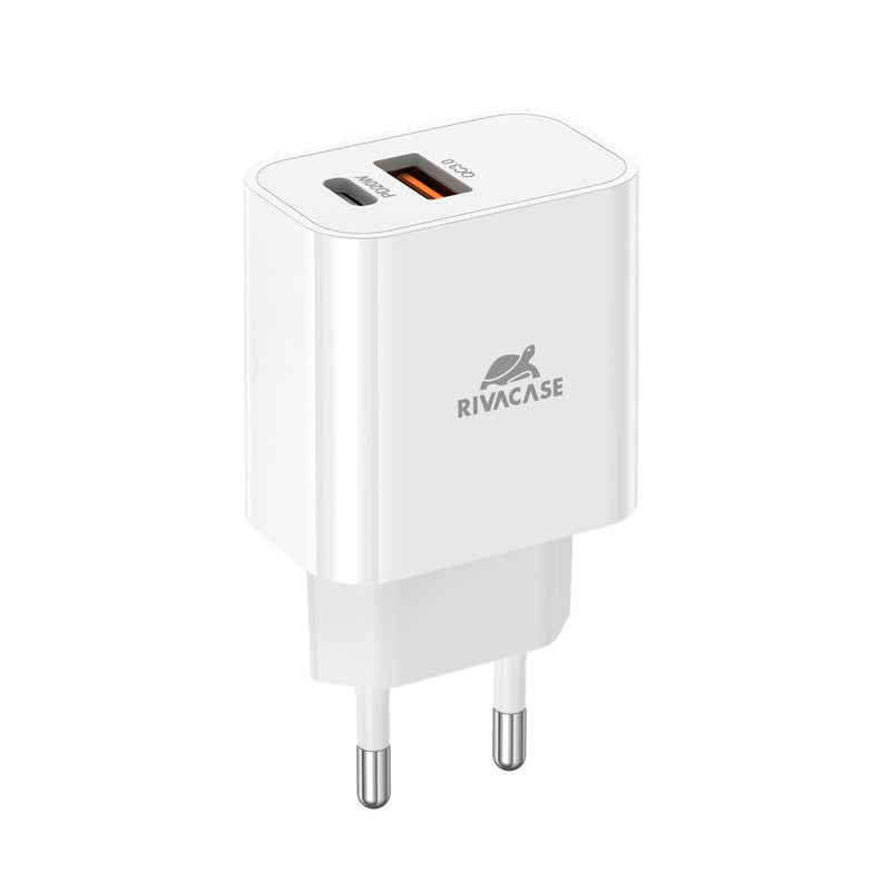 RIVACASE PS4102 - Caricatore rapido - 42 x 28 x 80 mm - Power Delivery 20 W - USB-A + USB-C Wall Charger (EU Plug) - Alimentatore USB PD 20 W + QC 3.0 - Design compatto, bianco