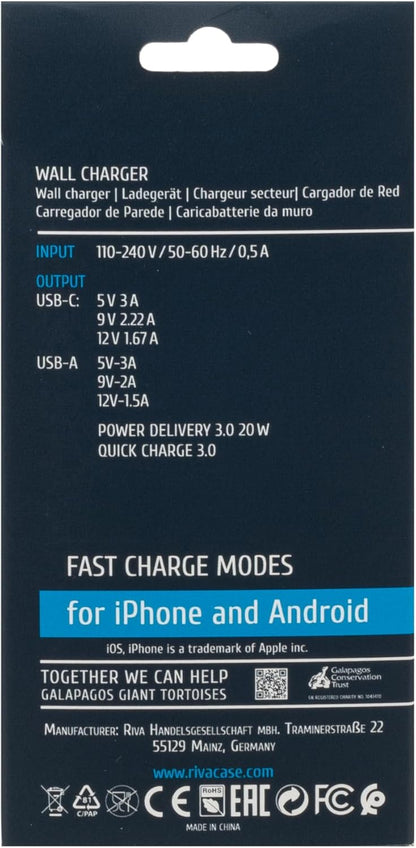 RIVACASE PS4102 - Caricatore rapido - 42 x 28 x 80 mm - Power Delivery 20 W - USB-A + USB-C Wall Charger (EU Plug) - Alimentatore USB PD 20 W + QC 3.0 - Design compatto, bianco