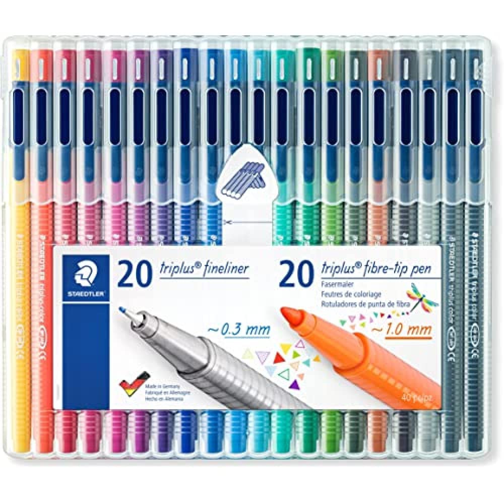 Staedtler Triplus Fineliner and Fibre Tip Pen Set, Mix & Match Feature, Ergonomic Triangular Shape, Dry Safe, in Practical Box with 20 Fineliners and 20 Fibre Tip Pens, 34 SB40, Set of 40