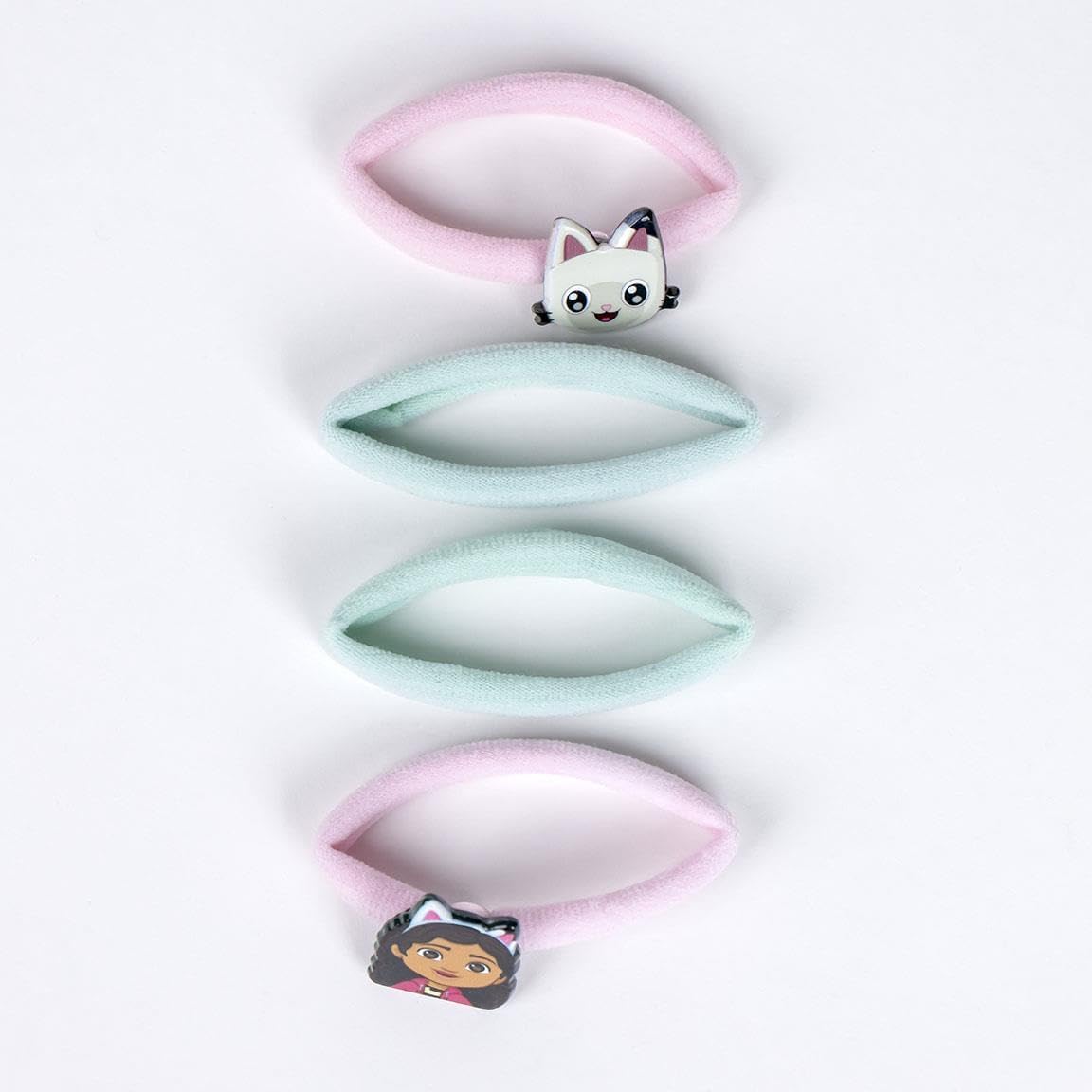 Gabby's Dollhouse accessoireset, 4 haarelastiekjes, roze en blauw, verschillende samenstellingen, pinnen met het gezicht van Gabby en Panty Patitas – origineel product, ontworpen in Spanje