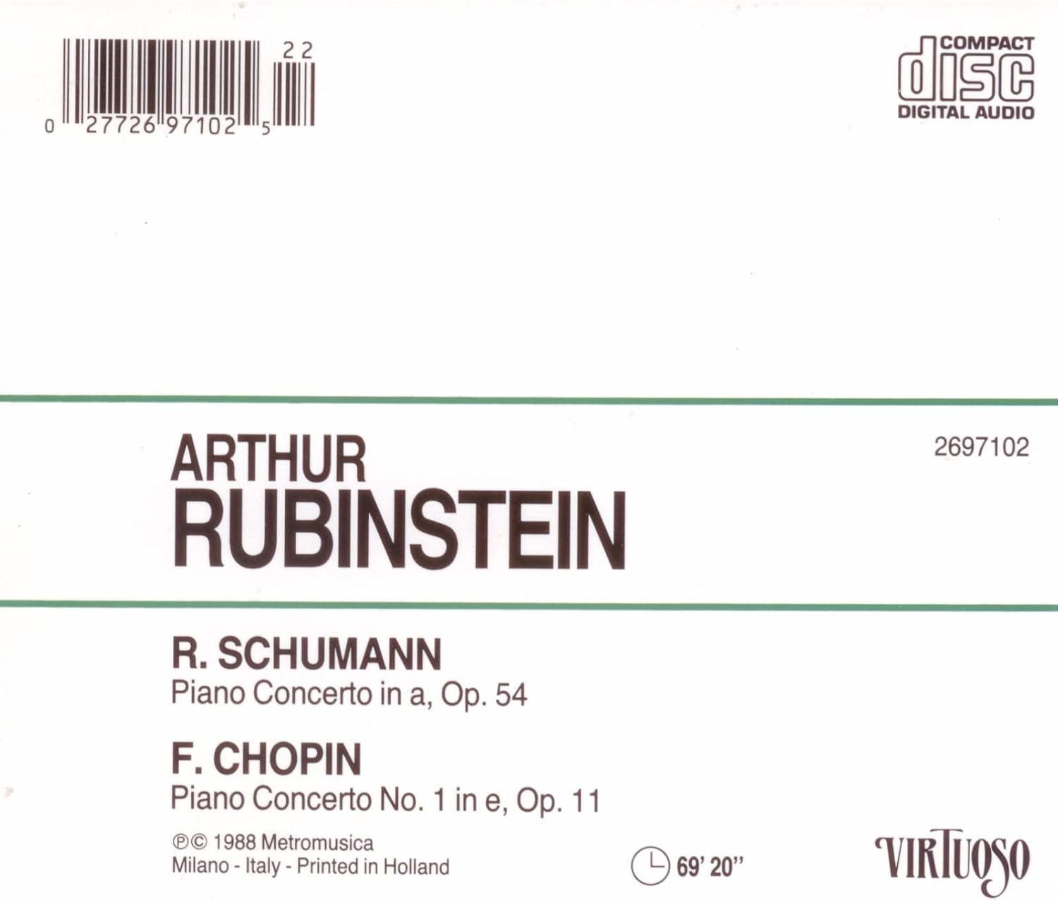 Arthur Rubinstein Plays Piano Concertos by Schumann, Op.54 & Chopin, No.1, Op.11