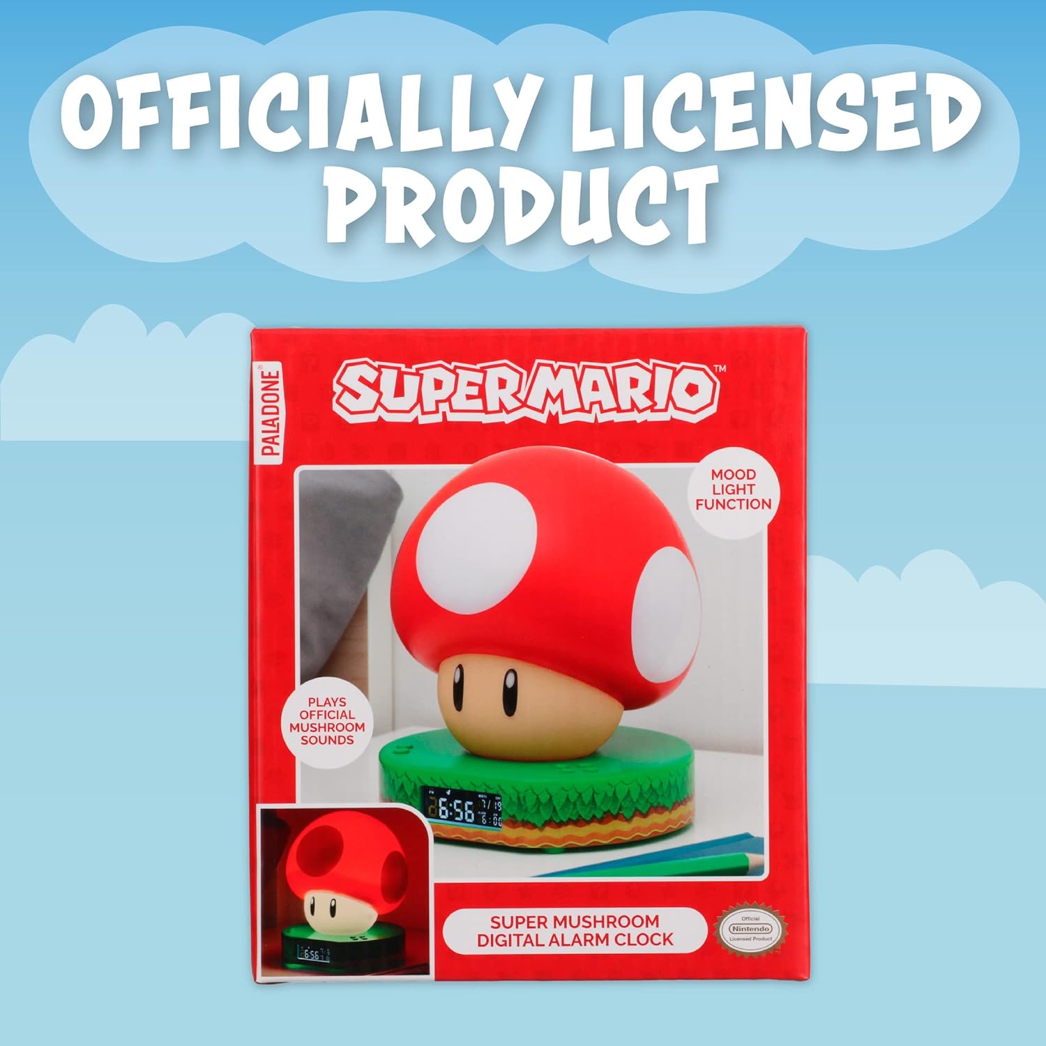 Paladone Super Mushroom Digital Alarm Clock with Power Up Sound, Officially Licensed Nintendo Merchandise One Size Multicoloured