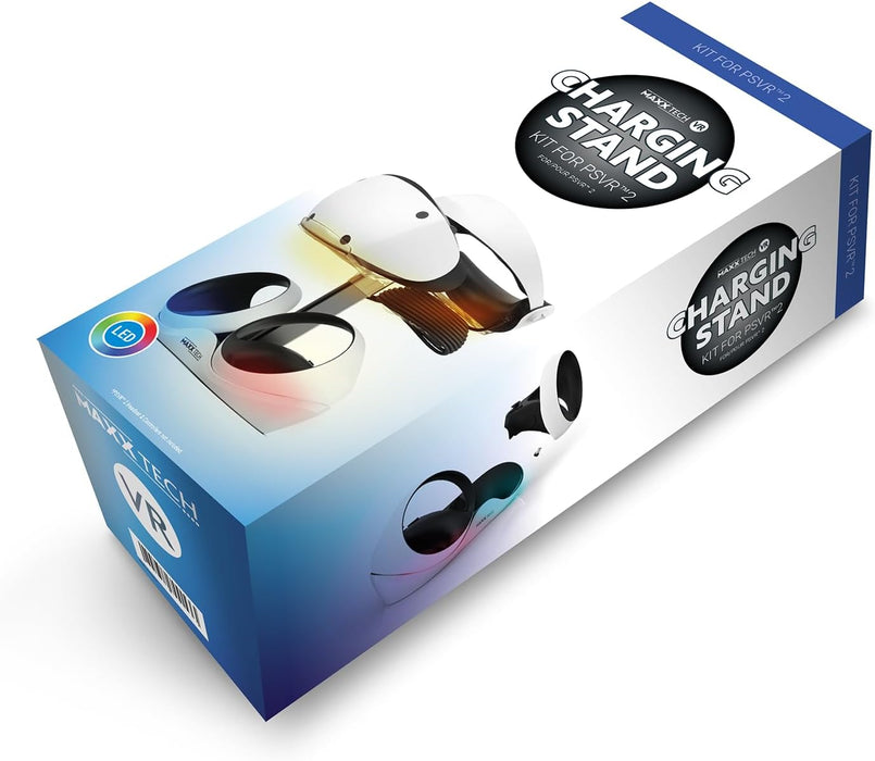 Maxx Tech VR Charging Stand – fast charger for 2 x PS5 PSVR2 controllers and stand for PSVR2 headset, drop & charge with USB-C magnetic charging adaptors, 8 LED lighting modes, LED indicator lighting