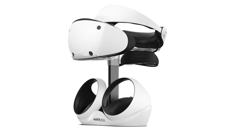 Maxx Tech VR Charging Stand – fast charger for 2 x PS5 PSVR2 controllers and stand for PSVR2 headset, drop & charge with USB-C magnetic charging adaptors, 8 LED lighting modes, LED indicator lighting
