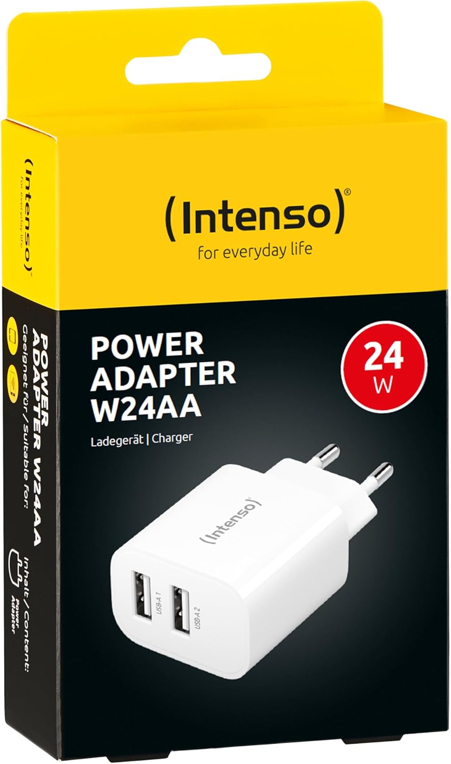 Intenso Power Adapter W24AA, USB-A Charger with 2 USB-A Ports, 24 Watt, White