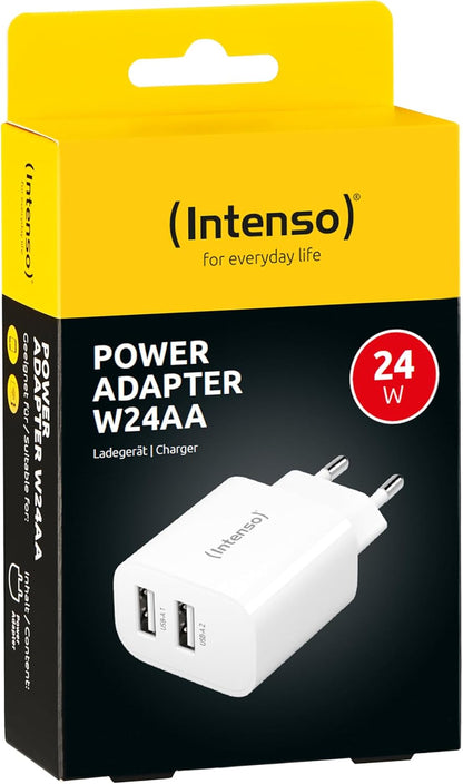 Intenso Power Adapter W24AA, USB-A Charger with 2 USB-A Ports, 24 Watt, White