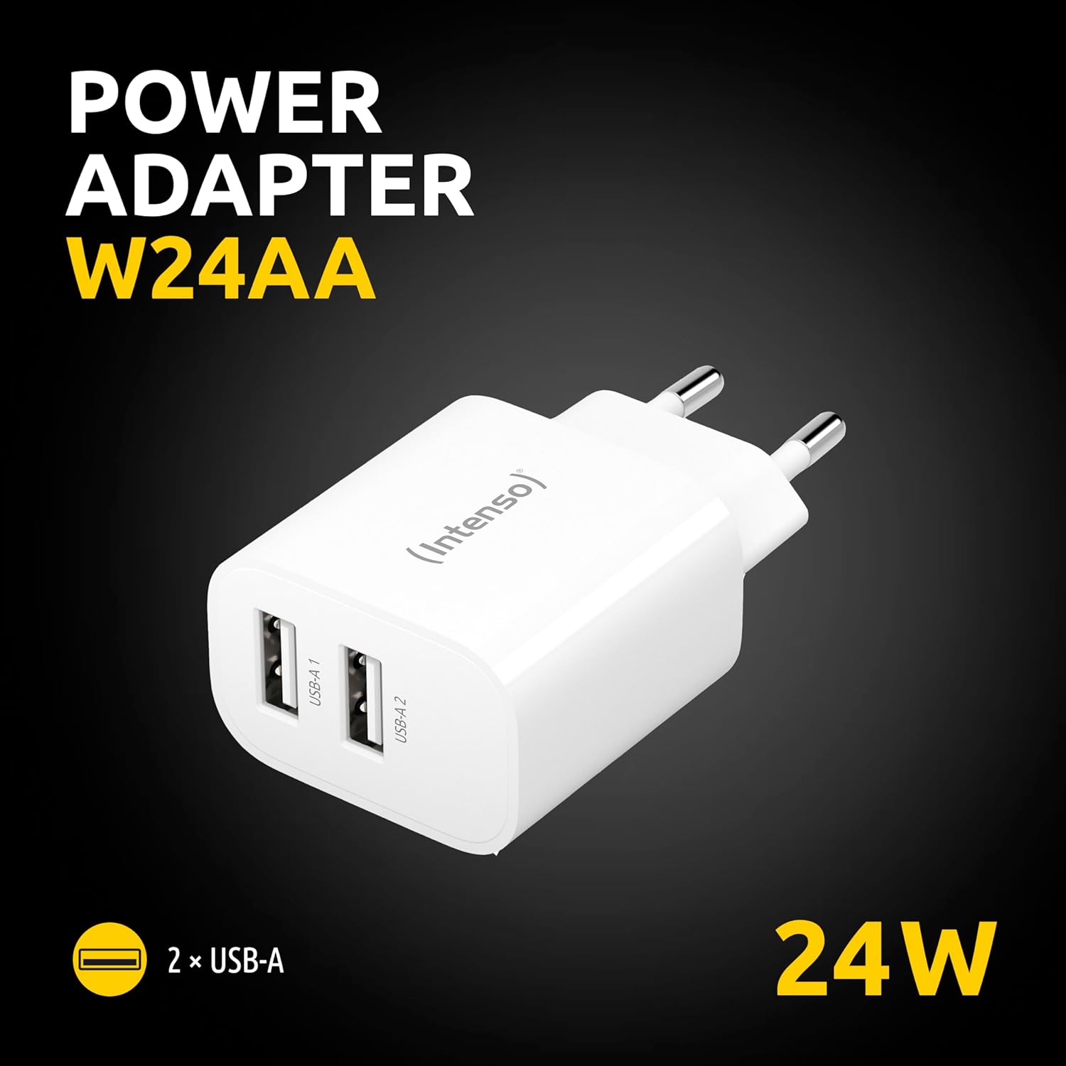 Intenso Power Adapter W24AA, USB-A Charger with 2 USB-A Ports, 24 Watt, White
