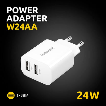 Intenso Power Adapter W24AA, USB-A Charger with 2 USB-A Ports, 24 Watt, White