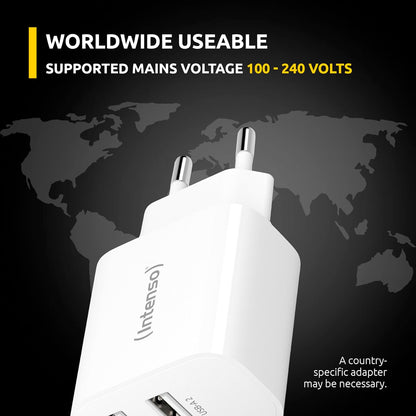 Intenso Power Adapter W24AA, USB-A Charger with 2 USB-A Ports, 24 Watt, White