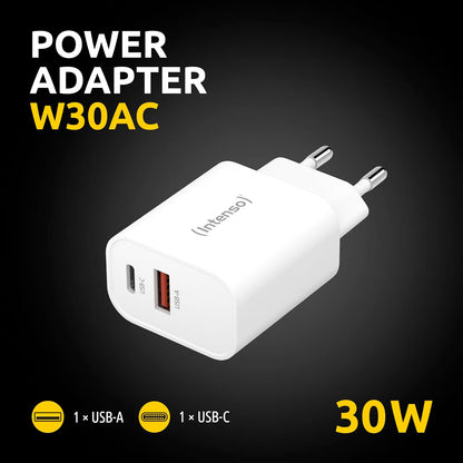 Intenso Power Adapter W30AC, 30 Watt power supply with USB-A and USB-C connection, white