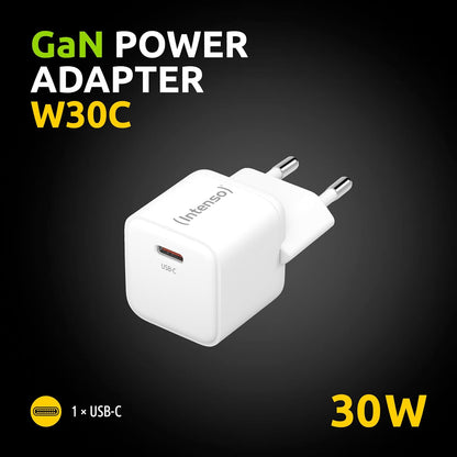 Intenso Power Adapter W30C GaN, USB-C Power Supply with 30 Watt and GaN Technology, White