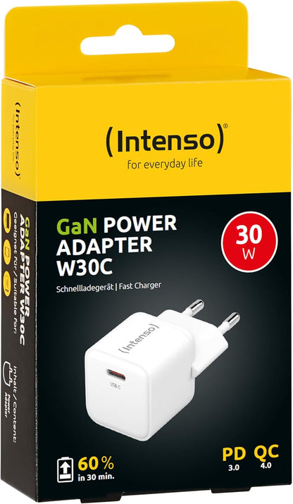 Intenso Power Adapter W30C GaN, USB-C Power Supply with 30 Watt and GaN Technology, White