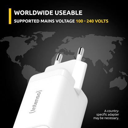 Intenso Power Adapter W40CC GaN, USB-C Power Supply with 2 USB-C Ports, 40 Watts and GaN Technology, White