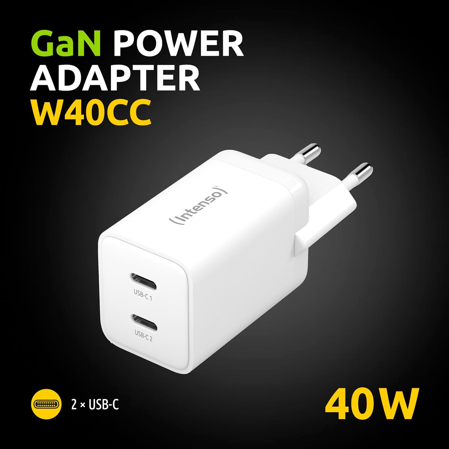 Intenso Power Adapter W40CC GaN, USB-C Power Supply with 2 USB-C Ports, 40 Watts and GaN Technology, White
