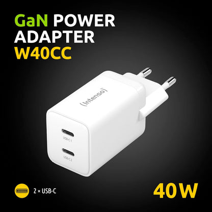 Intenso Power Adapter W40CC GaN, USB-C Power Supply with 2 USB-C Ports, 40 Watts and GaN Technology, White