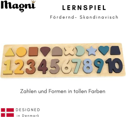 Magni Montessori Puzzle Holzpuzzle Set für Babys und Kleinkinder - Puzzlespiel für Motorik Lernspielzeug mit bunten Zahlen und Formen - Puzzlespiel für Jungen und Mädchen Spielzeug ab 1 Jahr