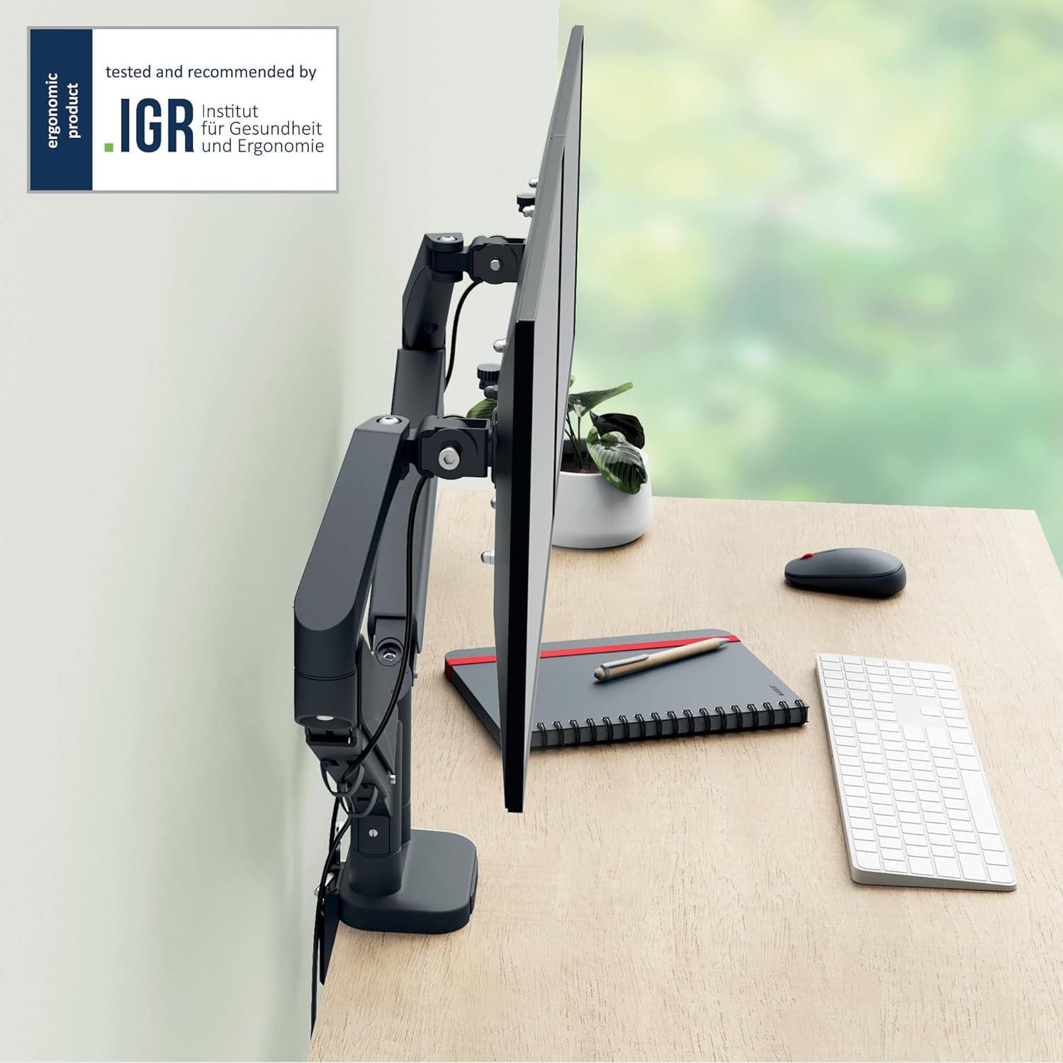 Leitz Ergo Space Saving Double Monitor Arm, Dark Grey Monitor Arm for Two Monitors Up to 32", Velvet Grey, 65370089