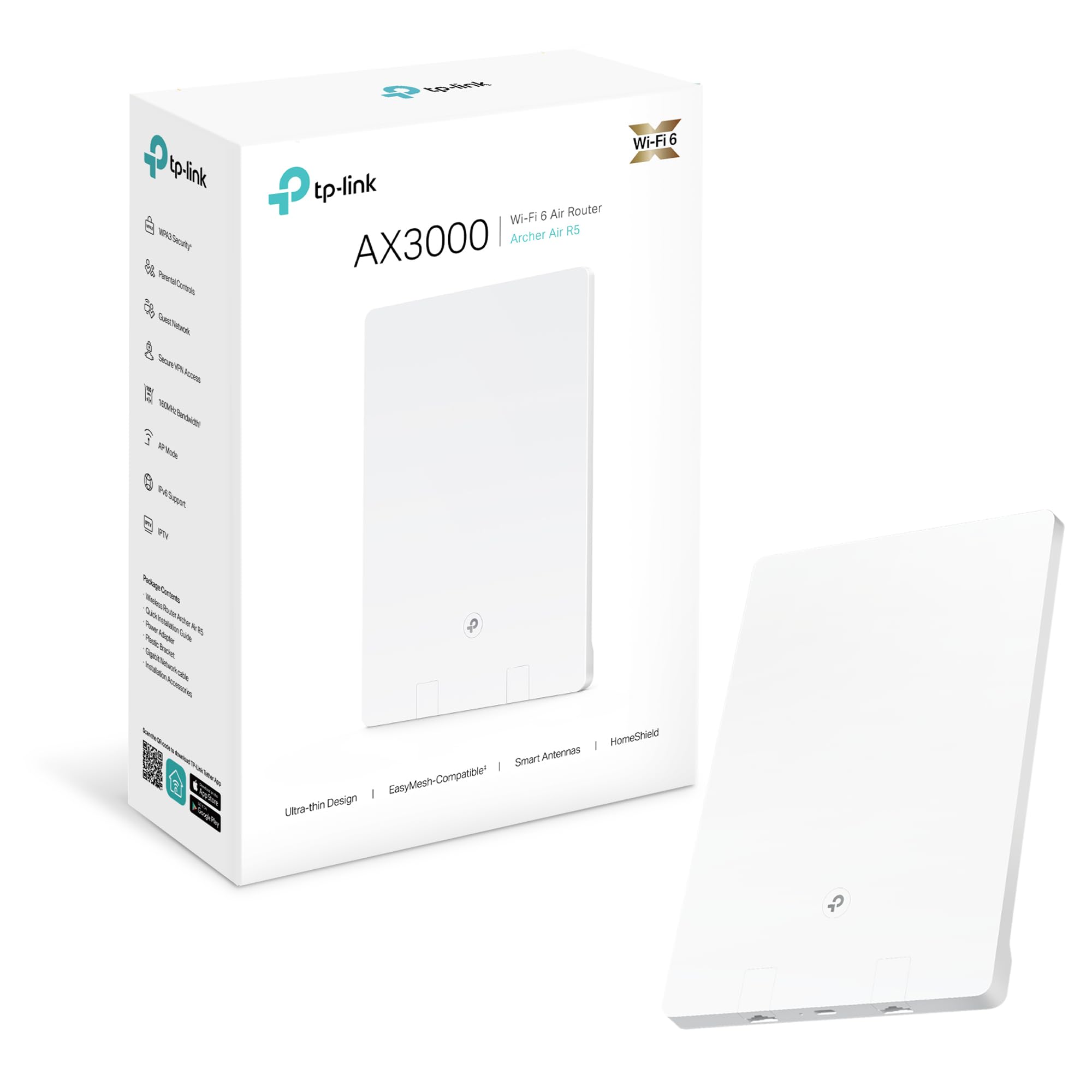 TP-Link Wi-Fi 6 AX3000 Dual-Band Wi-Fi 6 Air Router, Gigabit Port, Ultra-Thin Design, OneMesh™ Supported, Ideal for Gaming Xbox/PS4/Steam, TP-Link HomeShield, Flexible Installation (Archer Air R5