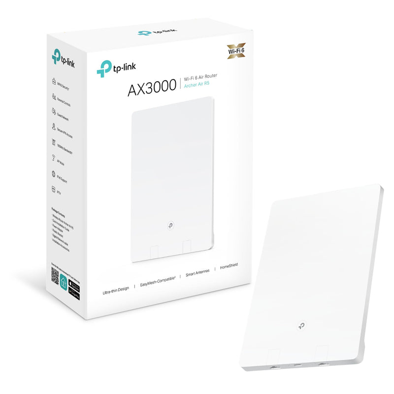 TP-Link Wi-Fi 6 AX3000 Dual-Band Wi-Fi 6 Air Router, Gigabit Port, Ultra-Thin Design, OneMesh™ Supported, Ideal for Gaming Xbox/PS4/Steam, TP-Link HomeShield, Flexible Installation (Archer Air R5