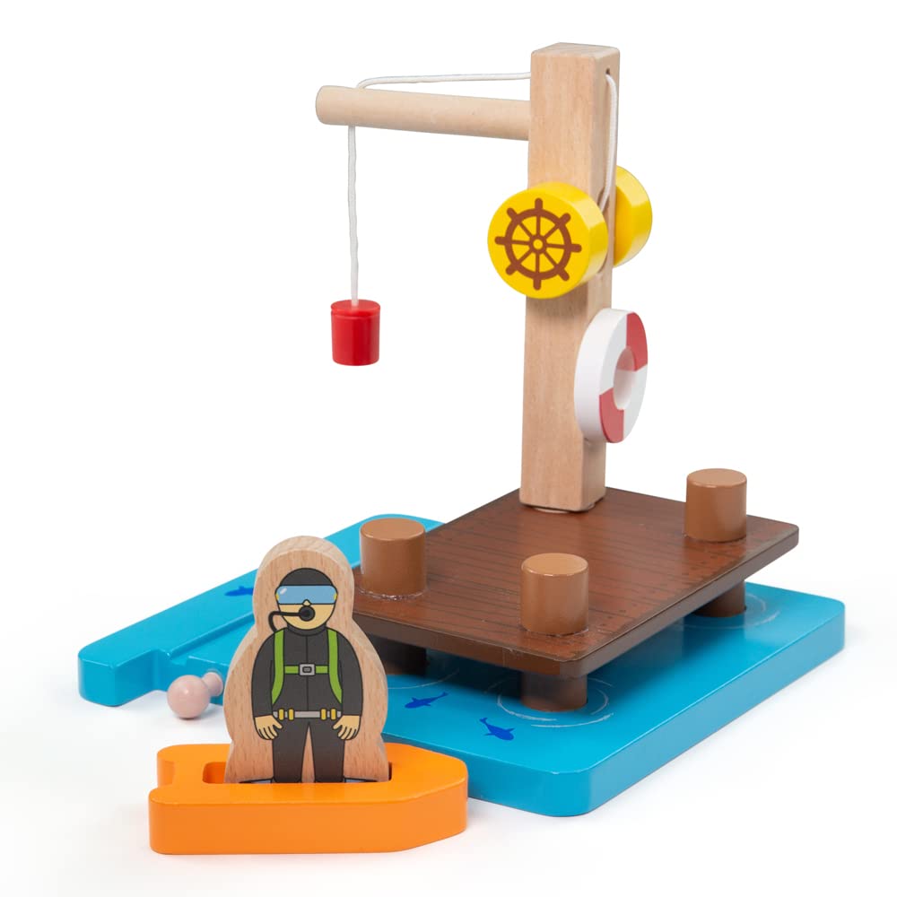 Bigjigs Toys, Crane Dock, Diver & Dinghy, Wooden Toys, Bigjigs Train Accessories, Wooden Train Set, Wooden Railway, Wooden Train Track Accessories, Train Toys