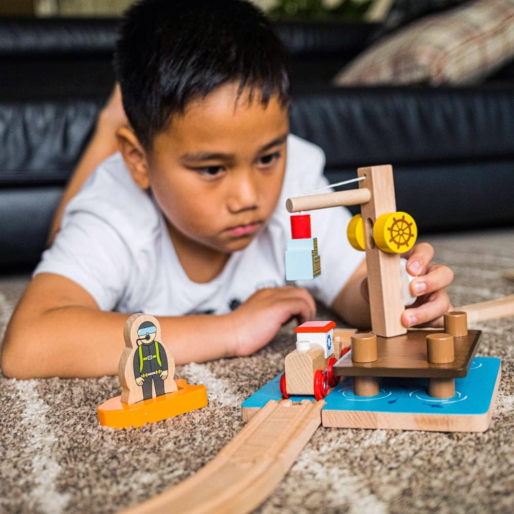 Bigjigs Toys, Crane Dock, Diver & Dinghy, Wooden Toys, Bigjigs Train Accessories, Wooden Train Set, Wooden Railway, Wooden Train Track Accessories, Train Toys