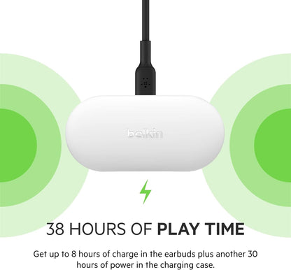 Belkin SOUNDFORM Play True Wireless Earbuds, Wireless Earphones with 3 EQ Presets, IPX5 Sweat and Water Resistant, 38 Hours Play Time for iPhone, Galaxy, Pixel and More