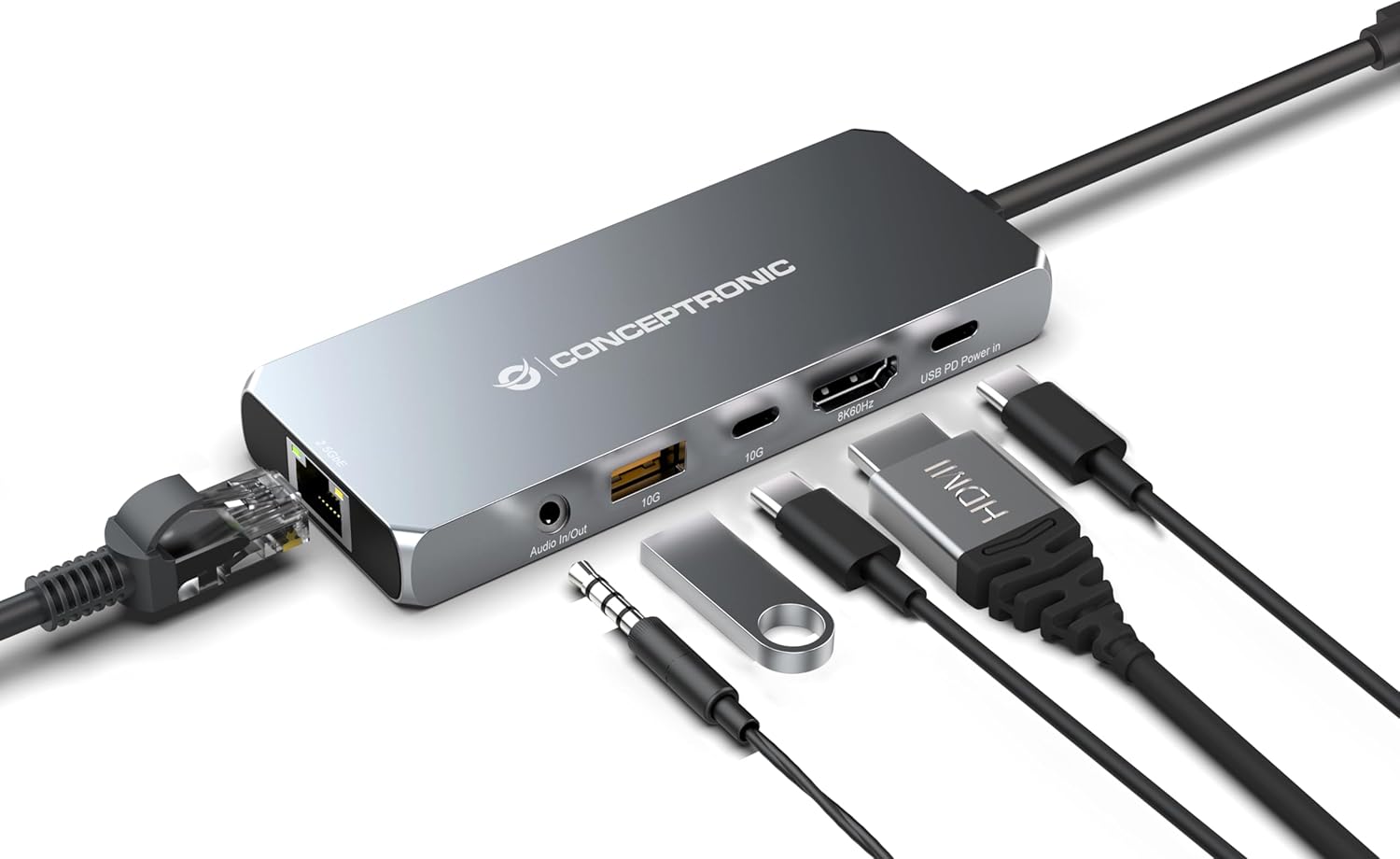Conceptronic DONN22G 6-in-1 USB4 Docking Station, 40Gbps, 8K 60Hz HDMI, 2.5 Gigabit Ethernet Lan, USB-A 10Gbps, USB-C 10Gbps, 100W USB PD, Audio