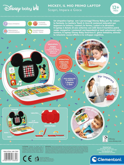Clementoni - Disney Baby Mickey-Mein erster Laptop, elektronisches Lerncomputer, tragbar, Aktivität zum Lernen von Buchstaben und Zahlen, Kinder ab 9 Monaten, Farbe Italienisch, 17834