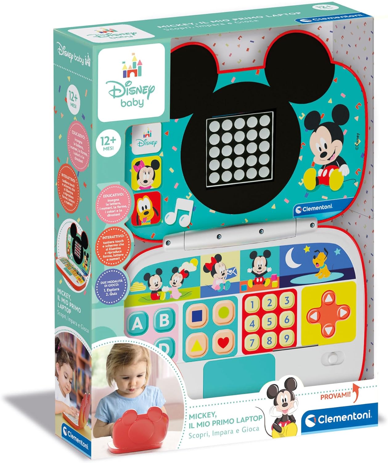 Clementoni - Disney Baby Mickey-Mein erster Laptop, elektronisches Lerncomputer, tragbar, Aktivität zum Lernen von Buchstaben und Zahlen, Kinder ab 9 Monaten, Farbe Italienisch, 17834