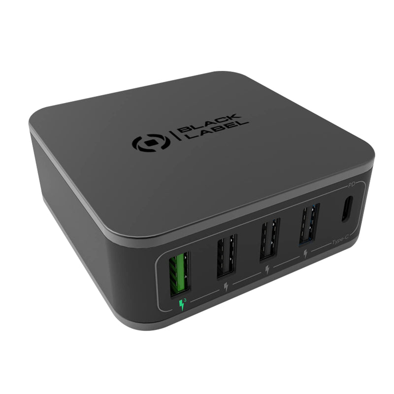 Celly, Power Station Line Black Label, Power Bank with 4 USB ports and 1 USB-C port, Power Delivery Technology and Qualcomm QC30, Simultaneous Charge Up to 5 Devices, Desktop Charger