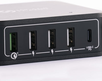 Celly, Power Station Line Black Label, Power Bank with 4 USB ports and 1 USB-C port, Power Delivery Technology and Qualcomm QC30, Simultaneous Charge Up to 5 Devices, Desktop Charger