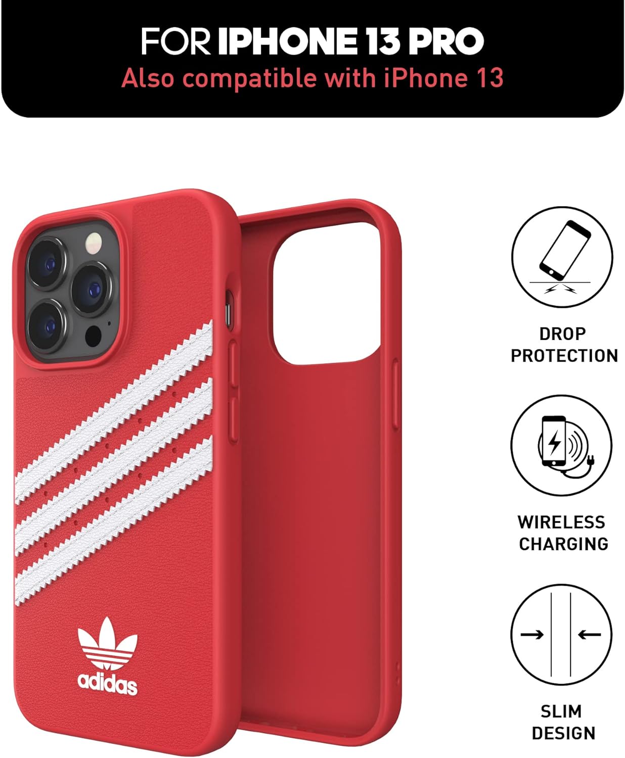 adidas Case Designed for iPhone 13 Pro 6.1, Drop-Tested Cases, Shockproof Raised Edges, Original Protective Case, Scarlet Red
