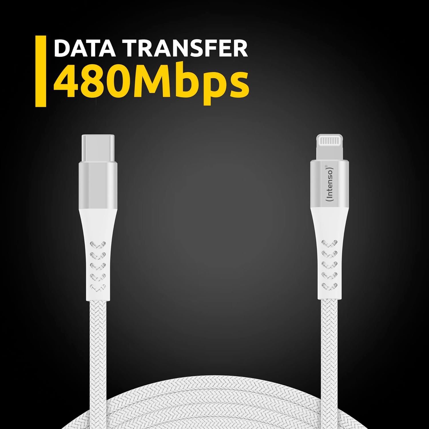 Intenso USB C315L USB C to Lightning Data and Charging Cable, Power Delivery with Up to 60 Watt, Nylon, 1.5 m, White