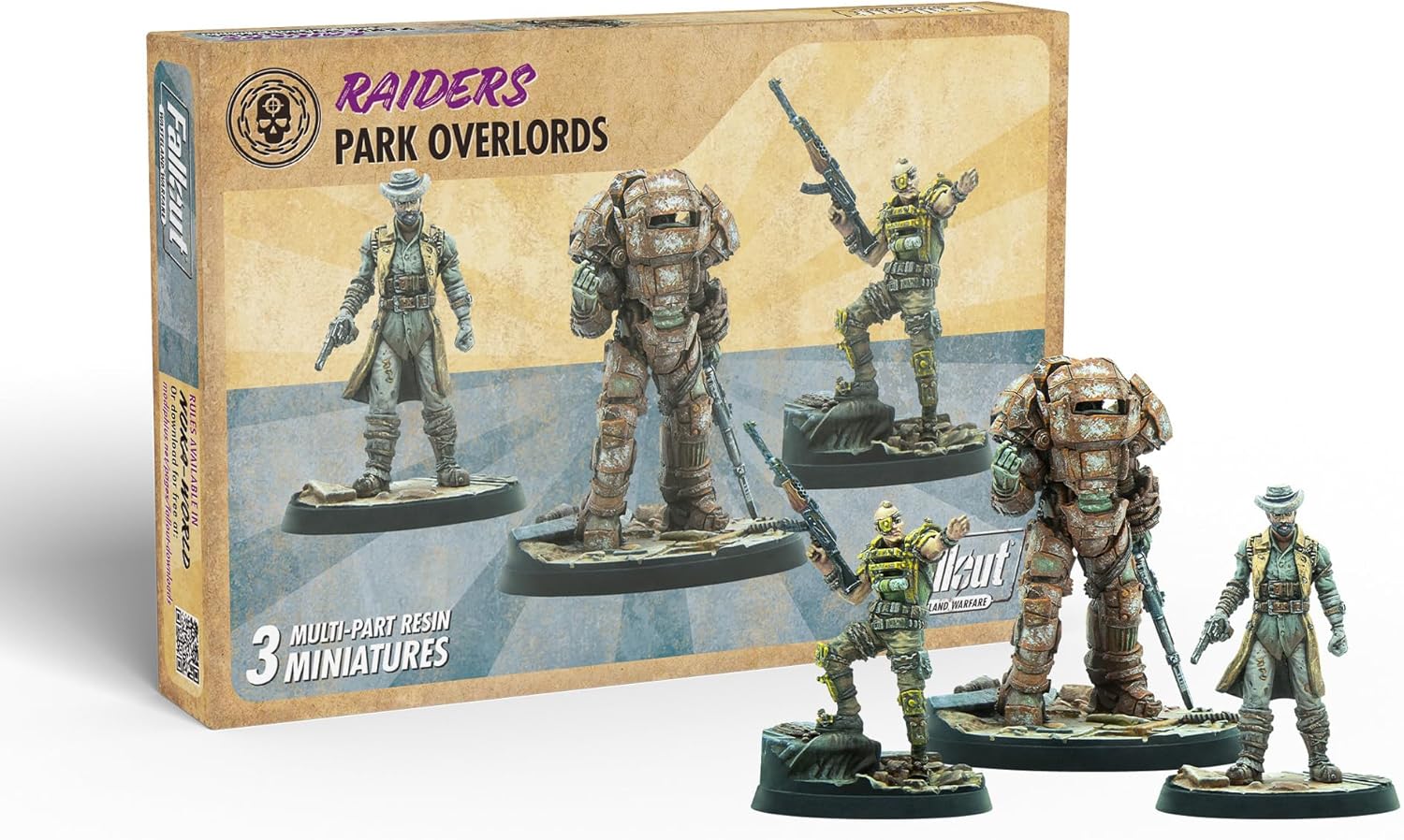 Modiphius: Fallout: Wasteland Warfare - Raiders Overlords - 3 Figures, Nuka World Wave, 32mm Multi-Part Resin Unpainted Miniatures, RPG, Scenic Bases