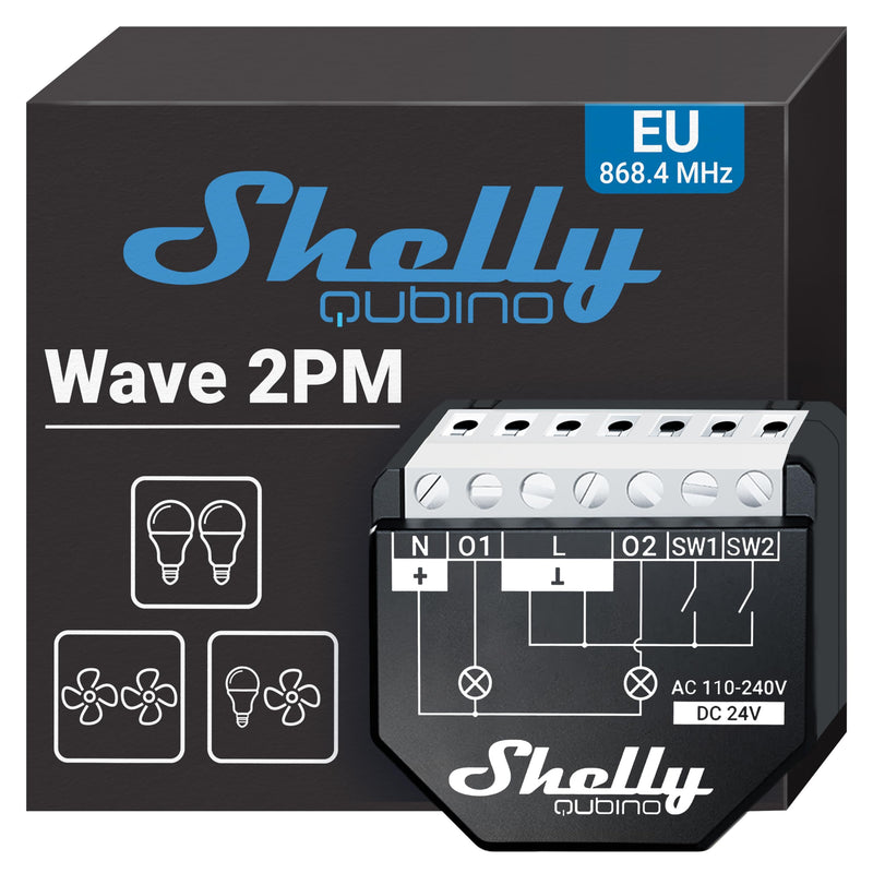 Home Shelly · Wave·""Wave 2PM""· Relais· max. 16A· 2 Kanäle· Unterputz· Messfunktion·