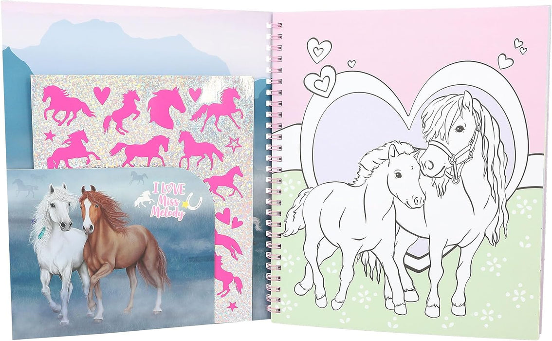 Depesche 12765 Miss Melody - Malbuch mit 20 Seiten zum Gestalten von Pferde-Motiven, Stickerbogen und Pailletten-Verzierung