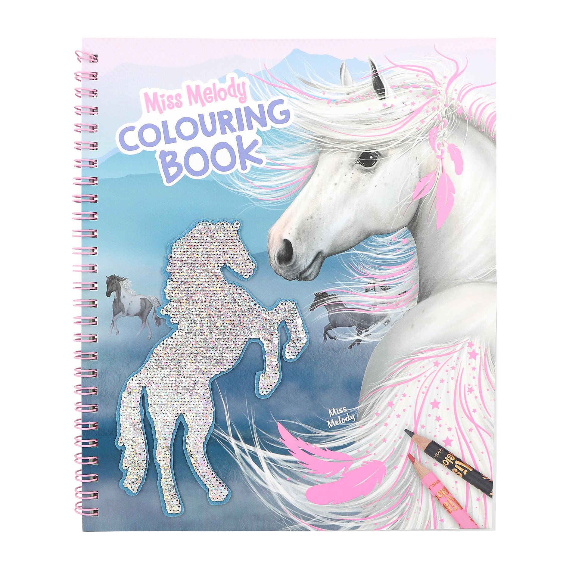 Depesche 12765 Miss Melody - Malbuch mit 20 Seiten zum Gestalten von Pferde-Motiven, Stickerbogen und Pailletten-Verzierung