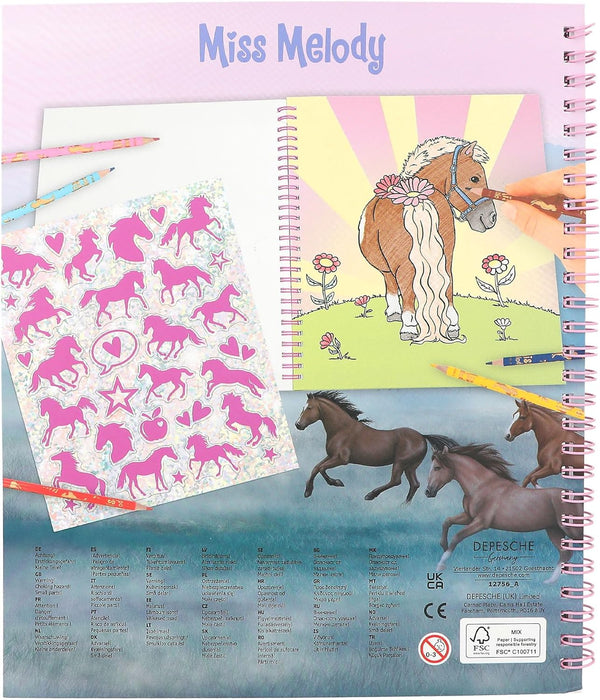 Depesche 12765 Miss Melody - Malbuch mit 20 Seiten zum Gestalten von Pferde-Motiven, Stickerbogen und Pailletten-Verzierung