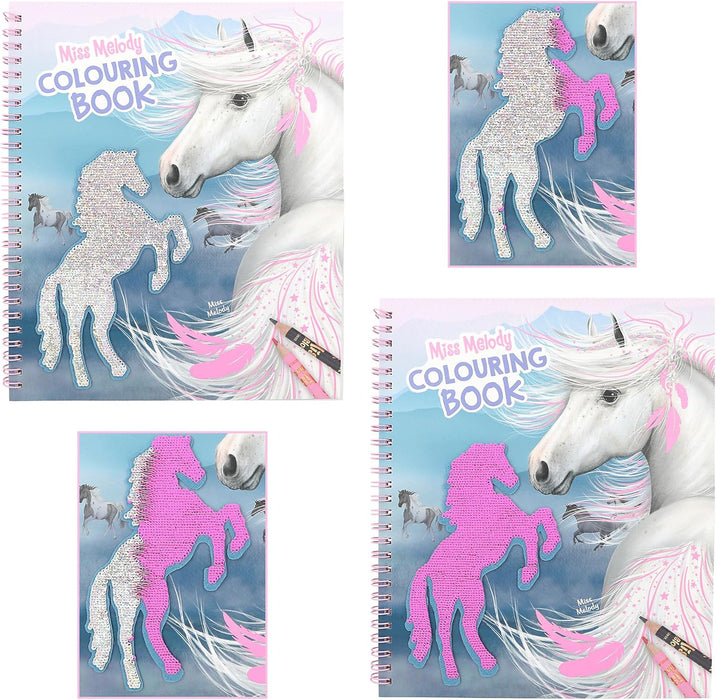 Depesche 12765 Miss Melody - Malbuch mit 20 Seiten zum Gestalten von Pferde-Motiven, Stickerbogen und Pailletten-Verzierung