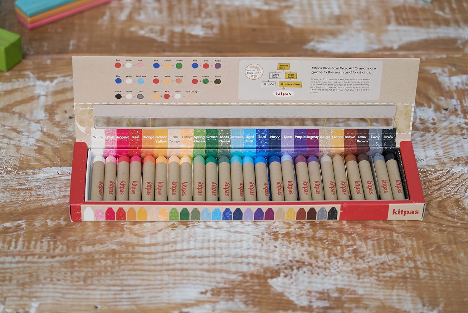 Kitpas Rice Bran Wax Art Crayons 24 Colors for Kids ages 3+, Window Art, Erasable, Water-Soluble, English Edition