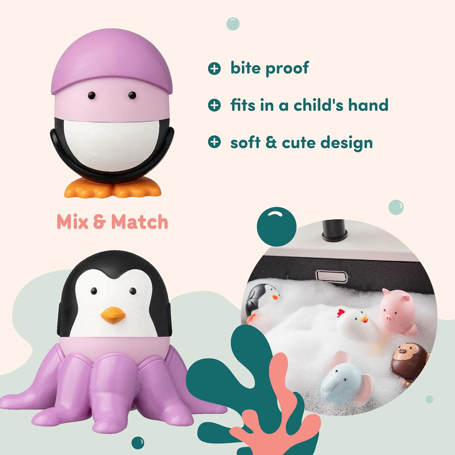 Sealife – Interactive & Magnetic Animals to connect together (6 pieces). Fun and creative bath toys for your child - Safe and squeezable.