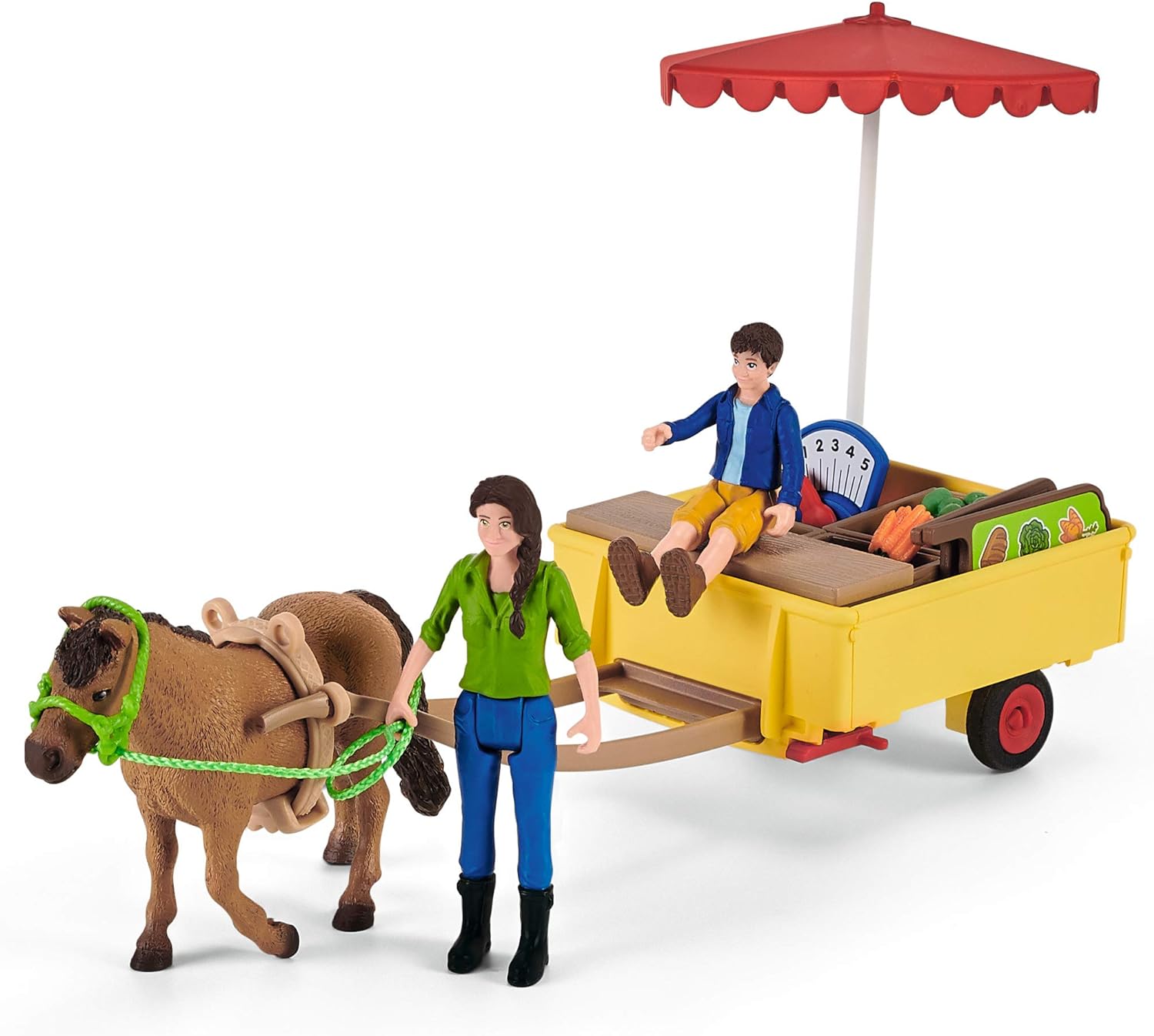 schleich FARM WORLD — 42528, Sunny Day Mobile Farm Stand Playset, Farm Play Set with Farmer Dolls, Horse and Mobile Produce Stand, Farm Animal Toys for Kids Ages 3+