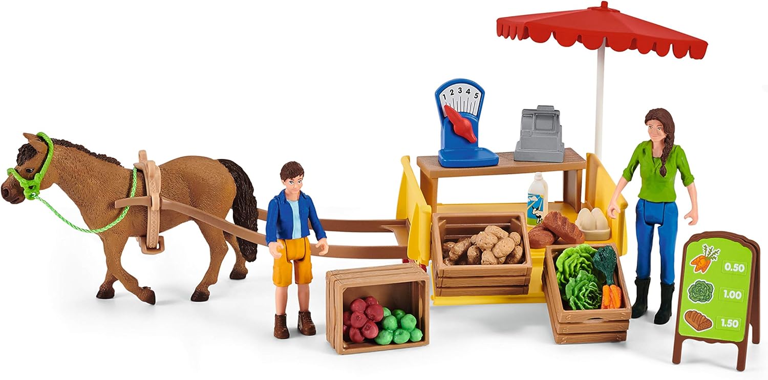 schleich FARM WORLD — 42528, Sunny Day Mobile Farm Stand Playset, Farm Play Set with Farmer Dolls, Horse and Mobile Produce Stand, Farm Animal Toys for Kids Ages 3+