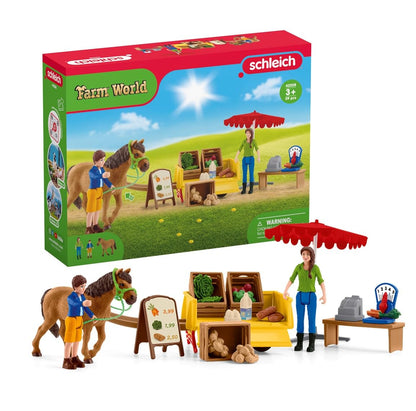 schleich FARM WORLD — 42528, Sunny Day Mobile Farm Stand Playset, Farm Play Set with Farmer Dolls, Horse and Mobile Produce Stand, Farm Animal Toys for Kids Ages 3+