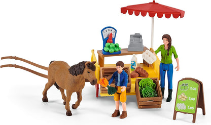 schleich FARM WORLD — 42528, Sunny Day Mobile Farm Stand Playset, Farm Play Set with Farmer Dolls, Horse and Mobile Produce Stand, Farm Animal Toys for Kids Ages 3+