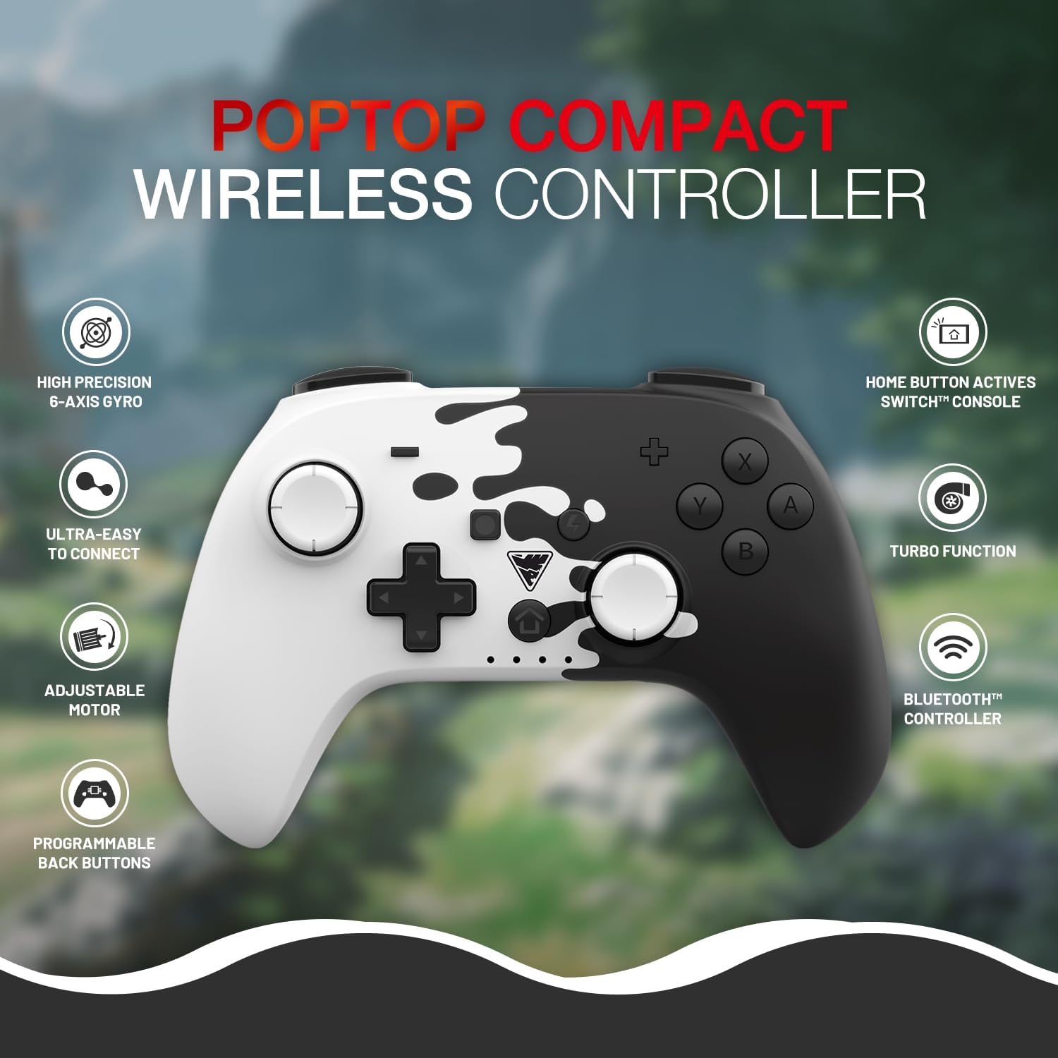 DragonShock - PopTop Black and White - Compact Bluetooth Wireless Controller for Nintendo Switch - Switch OLED - PC - Android